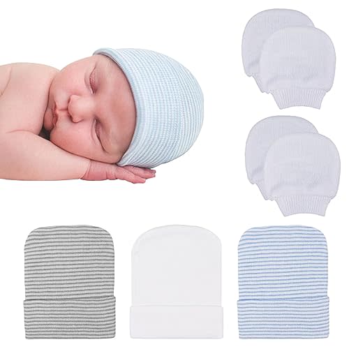 DRESHOW BQUBO Newborn Hospital Hat and Mittens Infant Baby Beanie Soft Cotton Cute Knot Nursery Cap for 0-6 Months Girls Boys