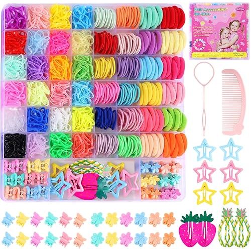 Toddler Hair Accessories for Girls, Colorful Elastic Hair Ties Set with Hair Clips, Funtopia 1246pcs Hair Rubber Bands with Cotton Baby Hair Ties, Mini Hair Clips, Hair Tail Tools for Kids
