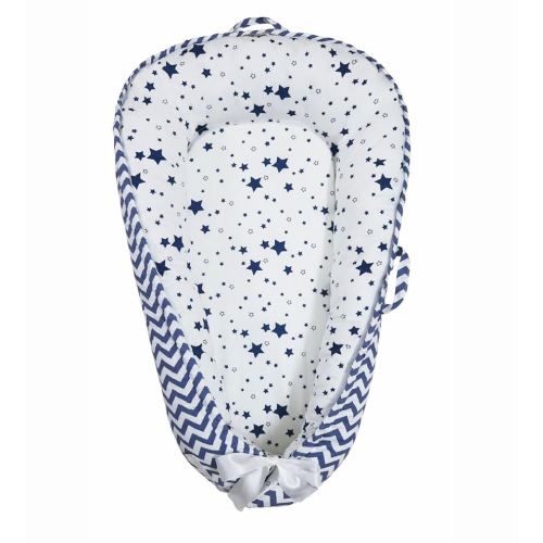 Baby Nest, Baby Lounger, Organic Cotton Lounger for Baby, Reversible Breathable Adjustable Portable - Star Collection (Blue)