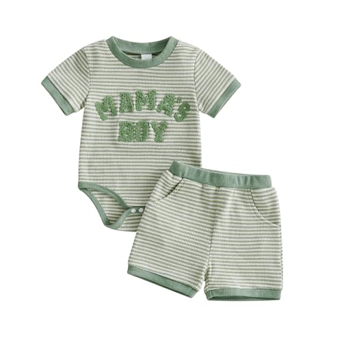Mamas Boy Baby Clothes​ Summer Newborn 3 6 9 12 Months Striped Waffle Knit Short Sleeve Romper Shorts Set Outfit
