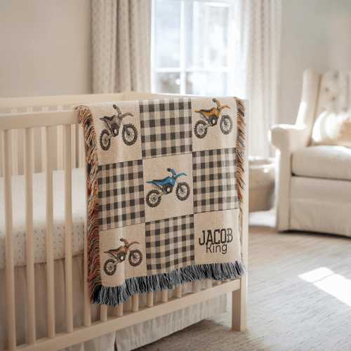 Personalized Dirt Bike Baby Blanket With Name, Motocross Nursery Decor Custom Motorcycle Crib Blanket  Baby Boy Shower Gift  toddler blanket