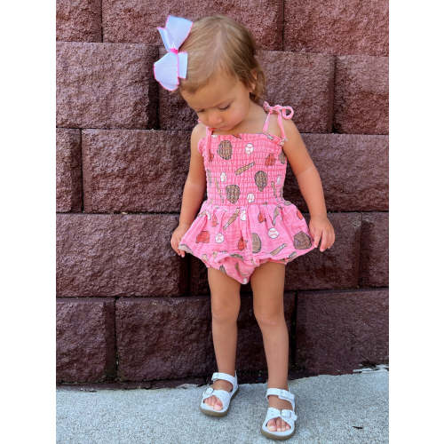 Muslin Smocked Bubble w/ Skirt, Baseball Pink