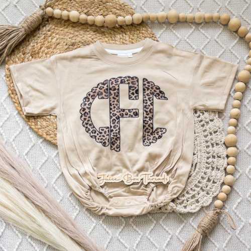 Leopard Monogram Bubble Romper Bodysuit, Oversized Personalized Cheetah Name Shirt, Girls Monogram Tee, Girls Name Romper, CPSC Compliant