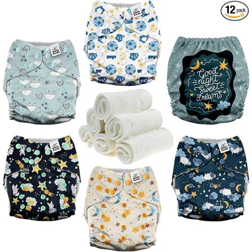 Mama Koala 3.0 Cloth Diapers for Babies with AWJ Lining, 6 Pack with 6 Natural Cloth Diaper Inserts - Reusable and Washable Pocket Diapers (Clear Night)