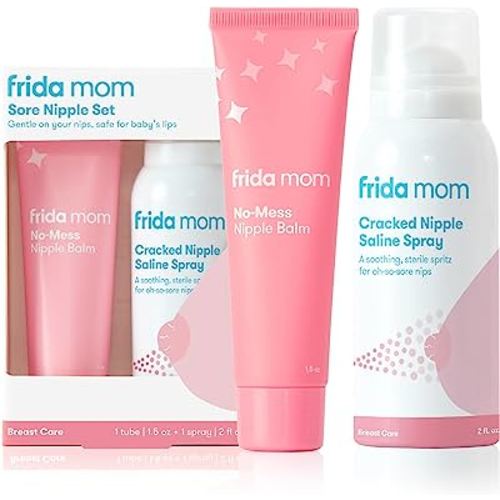 Frida Mom Nipple Cream and Saline Spray Set, Breastfeeding Essentials for New Moms, Cracked Nipple Saline Spray and No-Mess Cream, 2pc Set