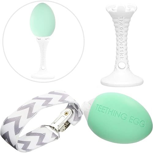 The Teething Egg and Grippie Stick - Baby Development Teething Toys 3, 4, 6, 12 Up to 18 Months Old Boy or Girl, Sensory Toys, A Baby Registry Must Have Teether, Mint