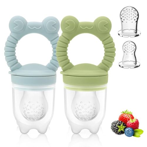 Baby Solids/Frozen Fruit Feeder Pacifier, Infant Teether Toy 4M+, BPA-Free Silicone Pouch & Nipple, Safely Introduce Solids, Teething Relief, 2-Pack - Blue/Green (Frog)