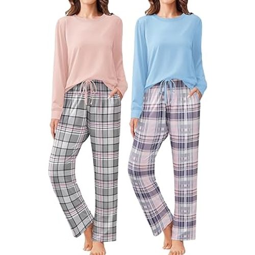 Ekouaer 2 Pack Women Pajama Long Sleeve Sleepwear Soft Loungewear Pjs Sets with Pockets S-XXL