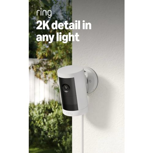 Ring Outdoor Cam Plus, Plug-In (newest model), Home or business security, Wide-Angle 2K Video with Ring Vision, Low-Light Sight for full-color night vision, Mount-Anywhere Versatility, White