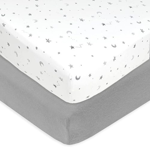 American Baby Company 2 Pack Printed 100% Cotton Jersey Knit Fitted Crib Sheet for Standard Crib and Toddler Mattresses, Gray Stars and Gray, for Boys and Girls - Gray Stars/Gray