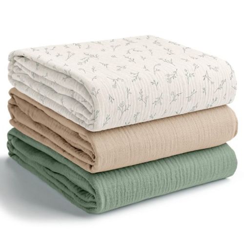 Comfy Cubs Muslin Swaddle Blankets Pack of 3 - Large 42" x 42" 100% Cotton Baby Blanket Set Wraps - Branch Pattern, Fern, Sand