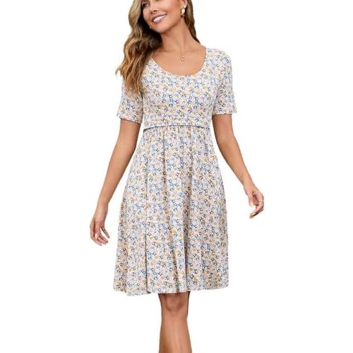 Women's Nursing Dresses Breastfeeding Summer Classic Cotton Mini Breastfeeding Dress with Pockets