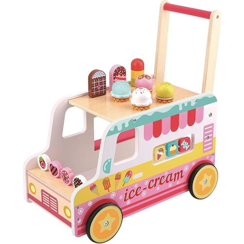 Fat Brain Toys Scoop 'n Scoot Ice Cream Walker - Wooden Pretend Playset for Toddlers