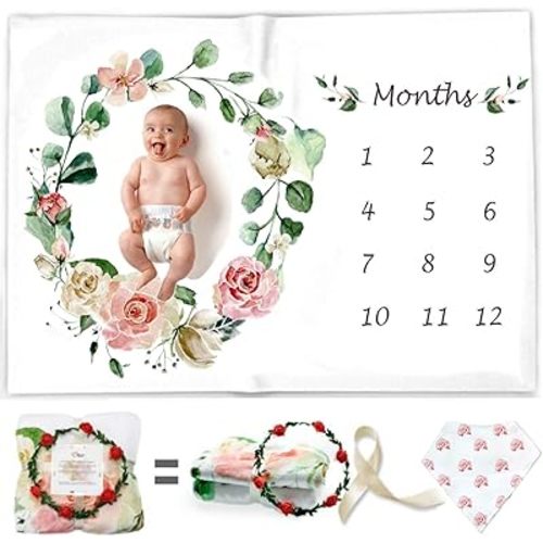 Baby Monthly Milestone Blanket for Girl & Boy - Floral Plush Fleece for Baby Photo – Baby Shower/Registry Gift – Baby Safe Soft Wrinkle Free - Swaddle and Throw - Bonus Wreath + Organic Cotton Bib