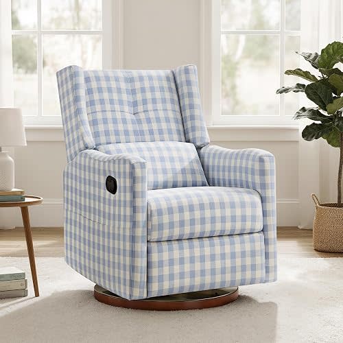 KISLOT Swivel Rocking Recliner Chair, Manual Nursery Glider, Blue Plaid