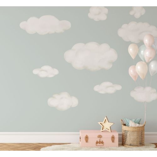 Cloud Wall Decals, Set of 9 Fluffy Clouds, Watercolor Wall Stickers for Nursery Classroom or Playroom, Great for boho bedroom decor - WB083