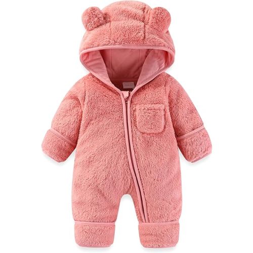 Newborn Baby Bear Outfit With Fold-Over Mittens and Footies Girls Boys Winter Fleece Clothes Hooded Romper Snowsuit