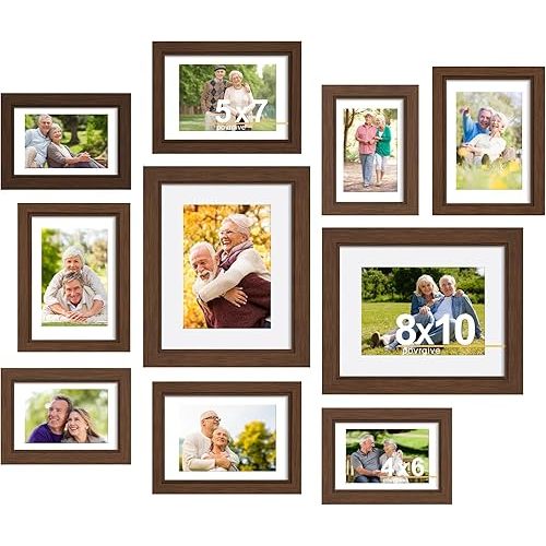 Picture Frames Set of 10-8x10, 5x7, 4x6 Photo Frames, Gallery Frame Set for Collage Wall Decor, Wood Frame with Glass Front and Mat Options for Wall and Tabletop Display, Brown