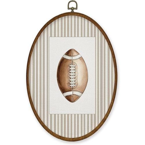 WULQYING Football Wall Art Decor, Sports Nursery Oval Framed Canvas Art Prints, Neutral Striped Classic Rugby Football Wall Hanging Decor for Kids Nursery Boys Home Bedroom Sport Room, 8.6x11.4 Inches