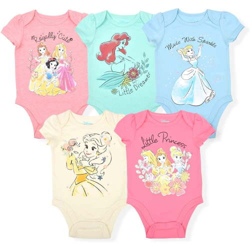Princess Belle, Cinderella and Ariel Girls 5 Pack Character Onesie, Infant