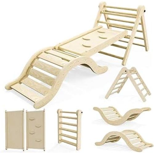 Pikler Triangle Set Climber 5 in 1, Toddler Climbing Toys Indoor Folding with Ramp & Arch for Montessori Play Gym for Toddlers and Kids 1-3