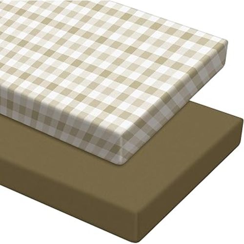 Mindsoft 2 Pcs Gingham Khaki Crib Sheet Set Fitted 52 x 28 x 8 Inches