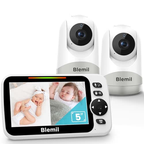 Blemil Upgrade Baby Monitor with 30-Hour Battery, 5" Large Split-Screen Video Baby Monitor with 2 Cameras and Audio, Remote Pan/Tilt/Zoom, Two-Way Talk, Room Temperature, Night Vision, 1000ft Range