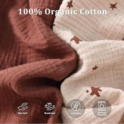 TADO MUSLIN Baby Crib Sheets 2 PCS, 100% Organic Cotton Crib Sheet for Standard Crib Mattress(52”x 28”), Fitted and Soft Breathable Muslin Crib Mattress Sheet for Girl and Boy (Star, Brown)