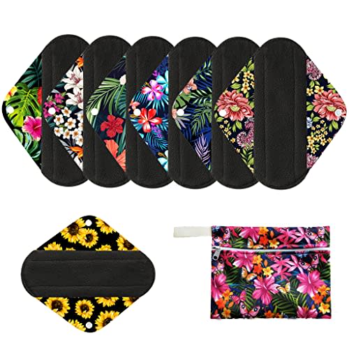 7pcs/Set Reusable Menstrual Pads Including 1pc Mini Wet Bag +6pcs Bamboo Charcoal Cloth Menstrual Incontinence Pads/Reusable Sanitary/Mama Panty Liners (All Randomly Prints)