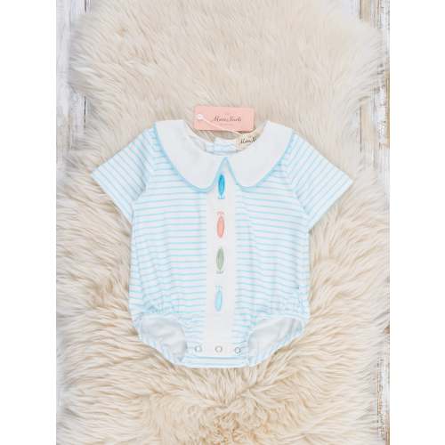 Little Fish Catch Embroidered Striped Bubble Romper