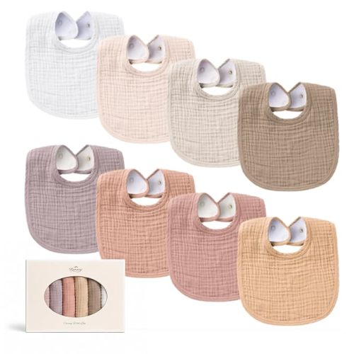 Konssy 8-Pack Muslin Baby Bibs, Adjustable Fit for Drooling and Teething
