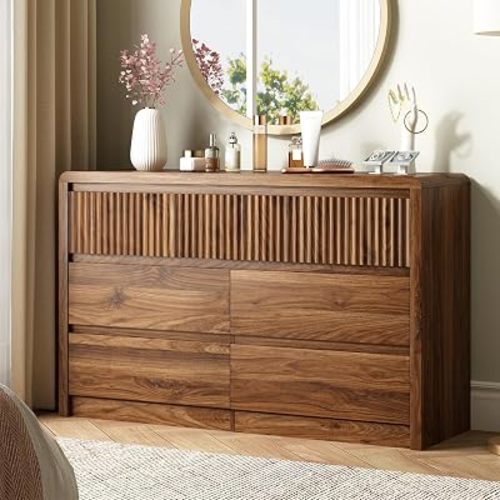 LYNSOM Walnut Fluted 7 Drawer Dresser for Bedroom, Curved Edge, 50" Wide