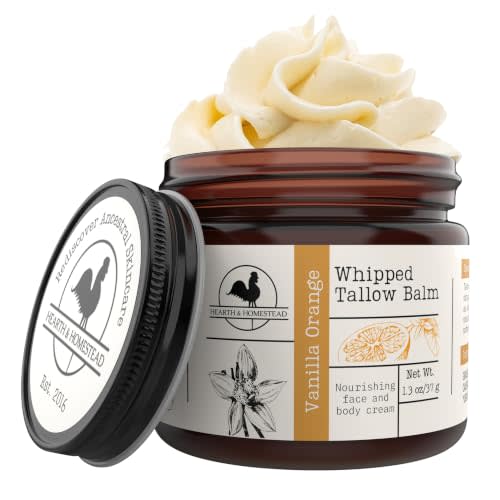 Hearth & Homestead Whipped Beef Tallow for Skin & Face Vanilla Orange 1.3oz | 100% Grass Fed & Finished, Eczema Cream & Body Butter, Only Organic Ingredients, For Skin & Face