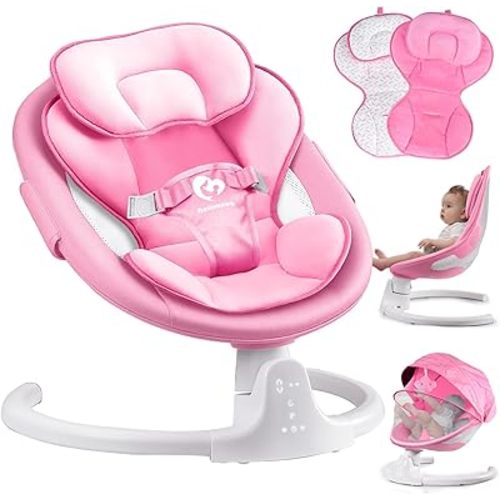 Bluetooth Baby Swing for Infants, Compact & Portable Pink Baby Girl Swing, 3 Seat Positions, 5 Swing Speed, 10 Music, Remote Control, Plug-in Power, Reversible Cushion, mecedora eléctrica para Bebe