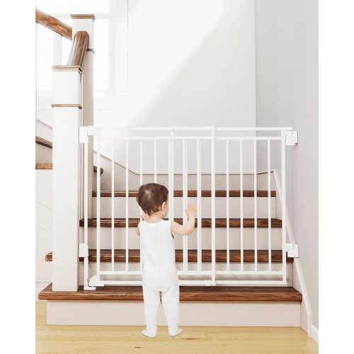 Miumoon 26.5-43" No Bottom Bar Baby Gate for Stairs, 2-in-1 Auto Close Dog Gate Indoor with Large Walk Thru Door, Hardware Mount Pet Gate for Top and Bottom Stairs, 29" H(White, 26.5-43" W x 29" H)