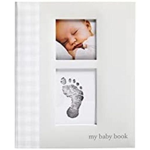 Little Pear Gingham Baby Memory Book with Ink Pad, Gender-Neutral Babyprint Keepsake, Milestone Photo Album, Gray