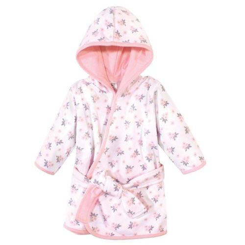 Hudson Baby Infant Girls Cotton Rich Bathrobe, Pink Gray Floral, 0-9 Months