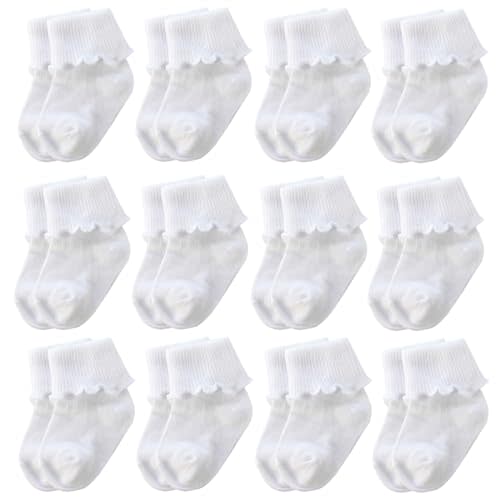 Xiyadun 6 &12 Pairs Infant Toddler Baby Kids Turn Cuff Ruffle Cotton Socks