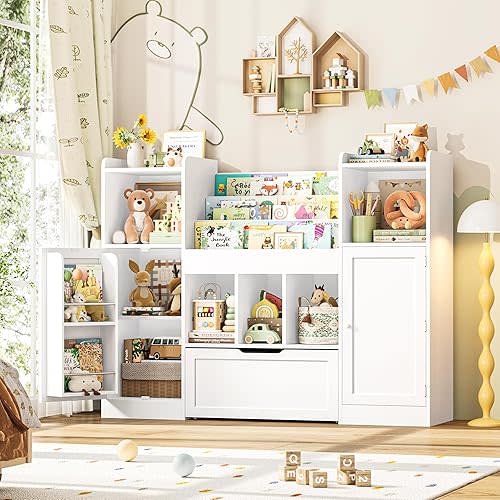 FOTOSOK 55.2'' W Toy Organizers and Storage with 9 Cubbies, Toy Storage Organizer with Movable Drawer and Book Shelves, Kids Bookshelf with 2 Doors, Playroom Storage Toy Chest Cabinet for Playroom