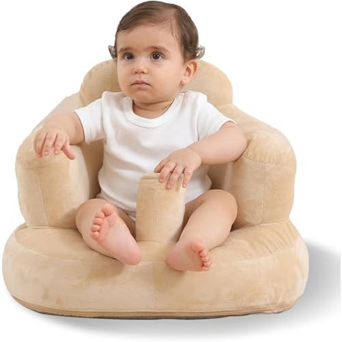 Upgrade Inflatable Baby Seat with Tray for Babies 3-36 Months, Built in Air Pump Bumbo Seat with Tray, Baby Chair Sit Me up Floor Seat for Baby, Learning to Sit&Feeding (Velvet Pillar-Camel)