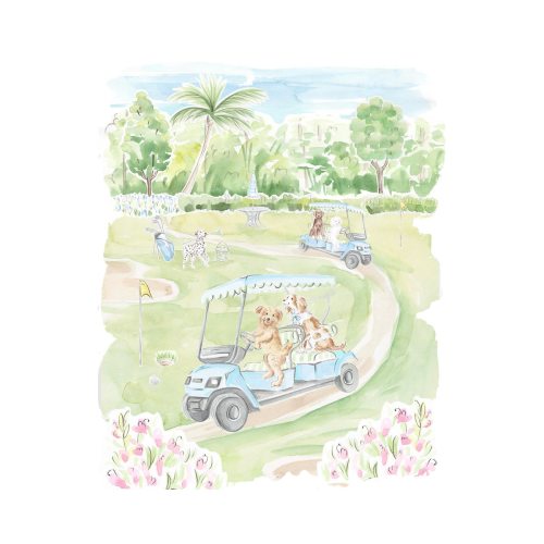 Dogs Playing Golf Watercolor Art Print: Tropical Nursery Decor