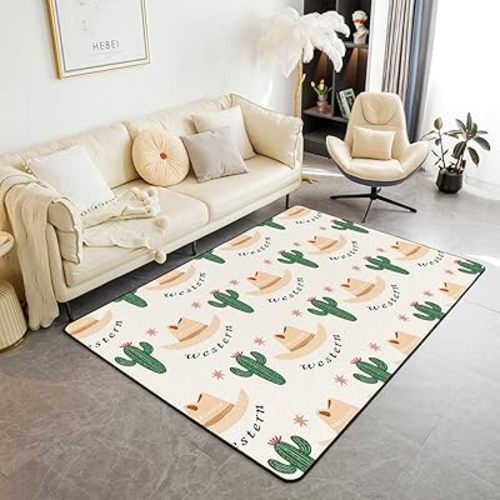 Manfei Western Kids Area Rug American Cowboy Hats Floor Mats Rugs for Boys Girls Adult, Wild West Cactus Print Decorative Rug for Living Room, Absorbent Carpets, 3'x5'