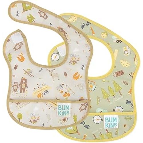 Bumkins Bibs, for Baby Girl or Boy, Infant 3-9 Months, Essential Must Have for Eating, Feeding, Baby Led Weaning Supplies, Mess Saving Waterproof Soft Fabric, Starter Bib 2-pk Camp Gear Green