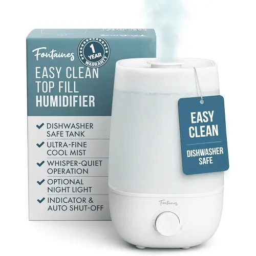 Fontaines Luxury Top-Fill Cool Mist Humidifier - 360° Ultra-Fine Spray, Whisper-Quiet Operation, Dishwasher-Safe Tank, Nightlight & Auto Shut-Off, Easy to Clean for Home, Bedroom, Baby Nursery