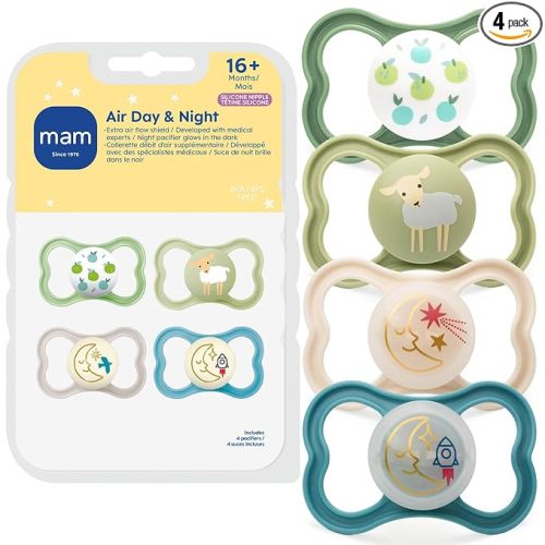 MAM Air Pacifier for Babies 16+ Months, Extra Air Flow for Sensitive Skin, Glows in The Dark, Developed with Medical Experts, BPA-Free Skin Soft Silicone, 4 Count, Made in Europe