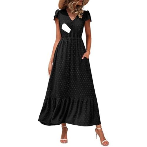 Women Nursing Boho Maxi Dresses Cap Short Sleeve V Neck Swiss Dot High Waisted A-Line Ruffle Tiered with Pockets