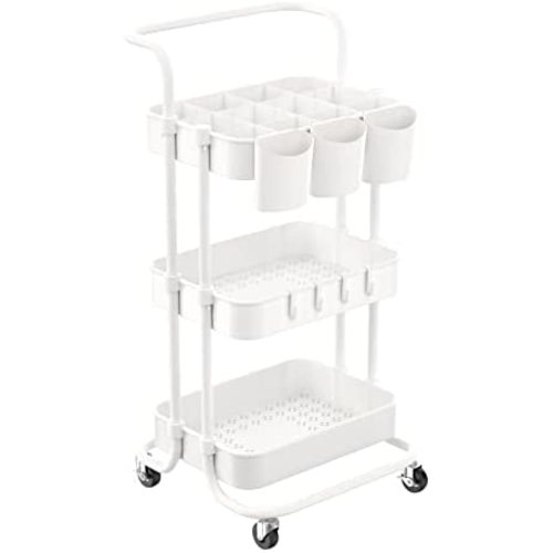 ALVOROG 3-Tier Rolling Utility Cart Movable Storage Organizer Shelves with Wheels and Hanging Cups Multifunctional Service Cart for Kitchen, Office, Coffee Bar-White