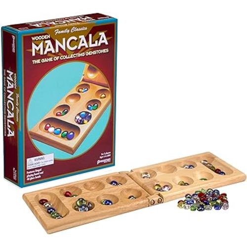 Pressman Mancala Board Game | Fun Classic Table for Adults & Kids | Includes 48 Glass Mancala Stones and Wood Hinged Playing Board | 2 Players, Ages 6+