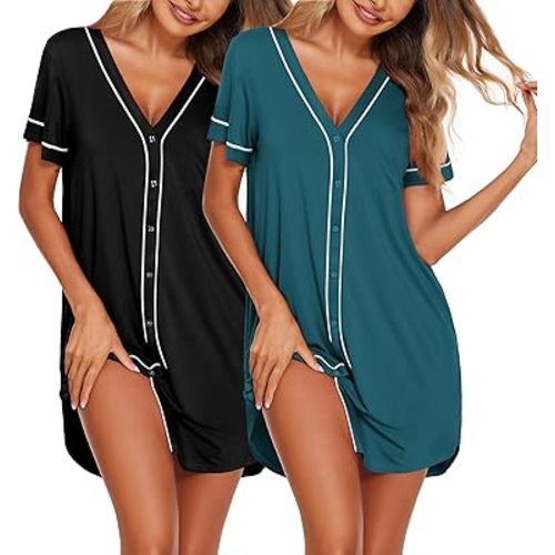 Ekouaer Nightgowns for Women 2 Pack Button Down Sleep Shirts Short Sleeve Night Shirts V Neck Sleepwear Soft Pajama Dress