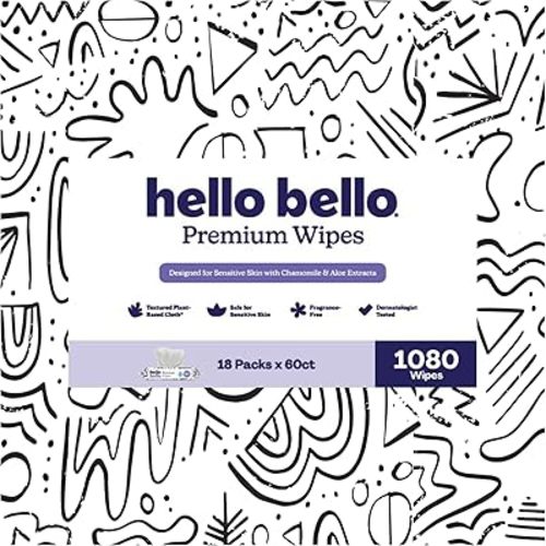 Hello Bello Premium Wipes, Designed for Sensitive Skin with Chamomile & Aloe Extracts, Playful Sketches (18 Resealable Packets = 1080 Total Wipes)